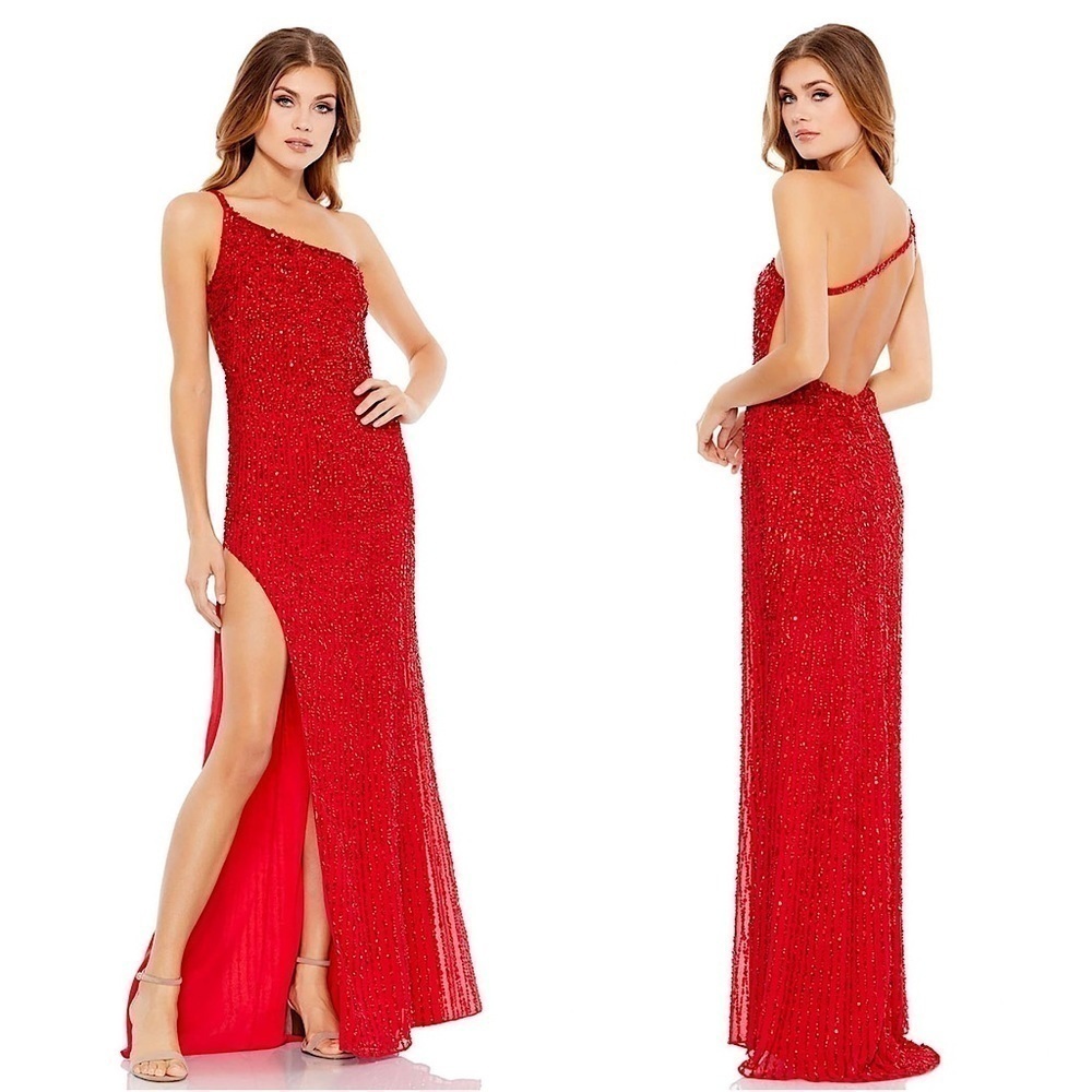 NWT MACDUGGAL One Shoulder‎ Asymmetrical Open Back Sleeveless Sequin Maxi Gown 6